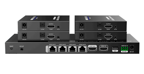 Epcom  Kit Divisor y Extensor HDMI / Divide 1 Fuente HDMI a 4 Pantallas / Extiende la señal HDMI hasta 70 m / Resolución 4K @ 60 Hz/ Cat 6/6a/7 / IPCOLOR / CERO LATENCIA / Uso 24/7 / Puerto S/PDIF / EDID / RS232 / Salida Loop / Alimente solo el Tx