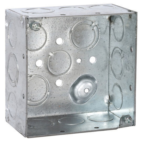 RACO  Caja Cuadrada Galvanizada  de 4" x 4", profundidad de 2 1/8". Cuenta con 10 KO de 1/2" y 6 TKO (1/2" - 3/4"))