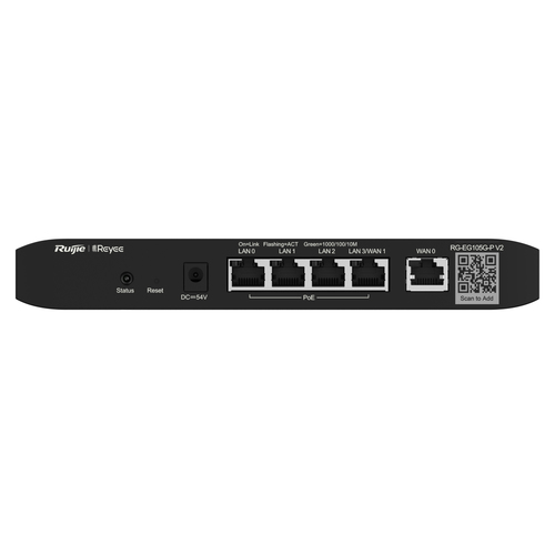 Ruijie Networks  Router administrable cloud con POE+ 54w, 3 puertos LAN gigabit, 1 Puerto WAN gigabit y 1 puerto LAN/WAN gigabit configurable, hasta 100 clientes con desempeño de 600 Mbps asimétricos