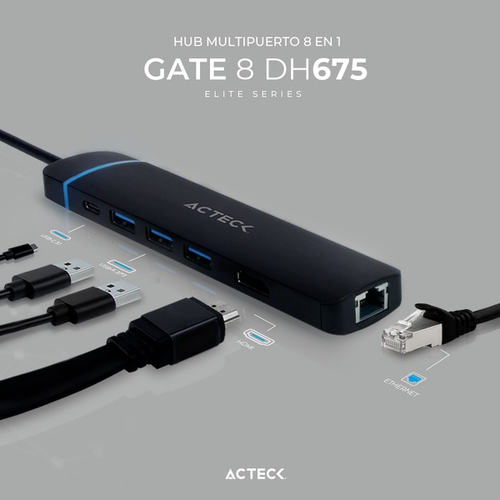 Acteck Gate 8 DH675 USB 3.2 Gen 1 (3.1 Gen 1) Type-C 10200 Mbit/s Negro