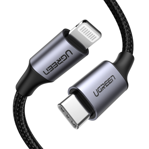UGREEN  Cable USB-C a Lightning | 1 Metro | Certificado MFi | Carga Rápida 60W | 480 Mbps | Conector C94 | Adecuado para iPhone, iPad y iPod | Protección Integrada | Caja de Aluminio | Nylon Trenzado | Color Negro | 2 años de Garantía