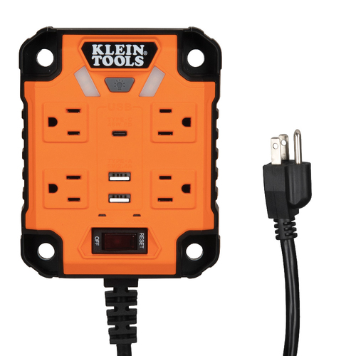 KLEIN TOOLS  Multicontacto Powerbox 1, con 4 Salidas 120 Vca, 2 USB-A / 1 USB-C, Luces LED Integradas y Soporte Magnético