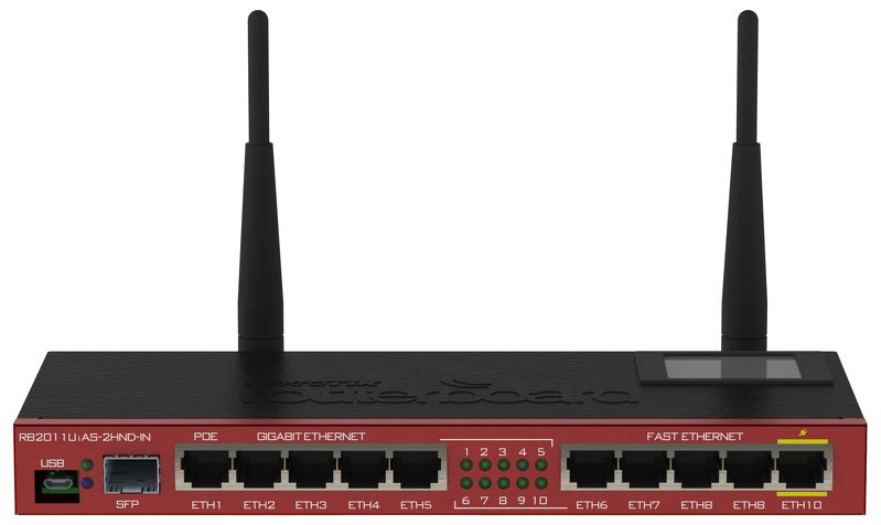 MIKROTIK  Router Board, 10 Puertos Ethernet, 1 Puerto SFP, Wi-Fi de Gran Cobertura 2.4 GHz Antenas de 4 dBi, hasta 1 Watt de potencia