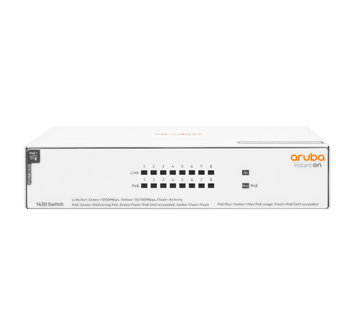 Aruba Instant On 1430 8G Class4 PoE 64W No administrado L2 Gigabit Ethernet (10/100/1000) Energía sobre Ethernet (PoE) Blanco