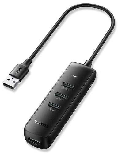 UGREEN  HUB USB-A 3.0 4 en 1 | 4 Puertos USB-A 3.0 (5Gbps) | Cable de 25 cm | Indicador Led | Ideal para Transferencia de Datos | Entrada USB-C para alimentar equipos de mayor consumo como discos duros | Color Negro.