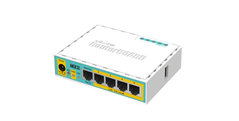 Mikrotik  (hEX PoE LITE) RouterBoard, 5 Puertos Fast Ethernet, 4 con PoE Pasivo, 1 Puerto USB