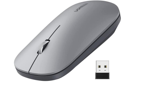 UGREEN  Mouse inalámbrico 2.4 GHz / Ultra Delgado y Silencioso / DPI 1000/1600/2000/4000 (Ajustable) / Alcance 10m / Scroll de Aluminio / Adaptable a diferentes superficies / Diseño suave al tacto / Contiene Receptor USB / Color Gris