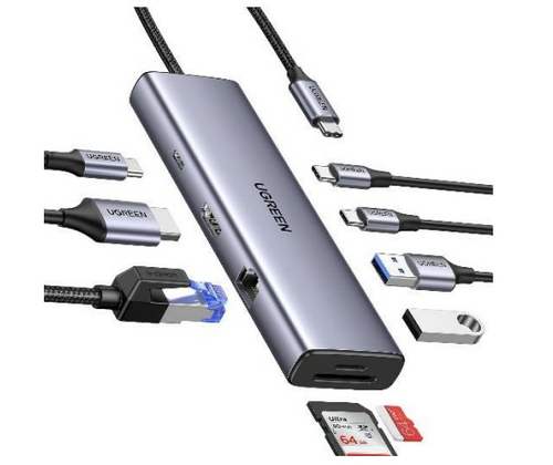 UGREEN  HUB USB-C (Docking Revodok) 9 en 1 | 2 USB-A 3.0 (5Gbps) | 2 USB-C (5Gbps) | USB-C PD Carga 100W | HDMI 4K@60Hz | RJ45 (Gigabit Ethernet) | Lector Tarjetas SD + Micro SD (TF) Simultáneo | Chip de Última Generación | Caja de Aluminio.
