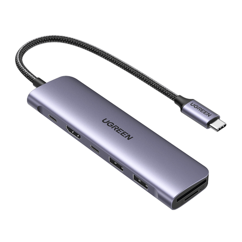 UGREEN  HUB USB-C (Docking Revodok) 7 en 1 | 2 USB-A 3.0 | 1 USB-C 3.0 (5Gbps) | 1 USB-C PD Carga 100W | HDMI 4K | Lector Tarjetas SD + Micro SD (TF) Uso Simultáneo | Chip de Última Generación | Cable de Nylon Trenzado | Caja de Aluminio.