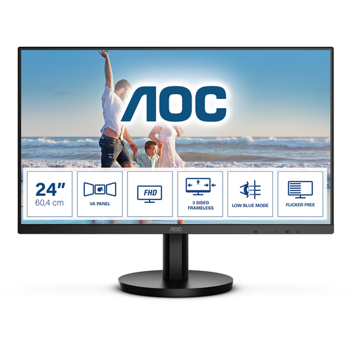 AOC  Monitor LED de 23.8" VESA, Resolución 1920 x 1080 Pixeles, Entradas de Video VGA/HDMI. Panel VA LCD Backlight LED. Ultra Delgado