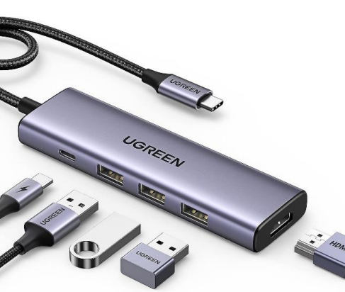 UGREEN  HUB USB-C (Docking Station) 5 en 1 | HDMI 2.0 4K@30Hz | 3 USB-A 3.0 (5Gbps) | USB-C PD Carga 100W | Potente Disipación de Calor | Chip de Ultima Generación | Cable de Nylon Trenzado de 25 cm | Carcasa de Aluminio.