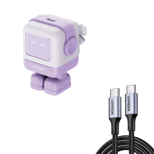 UGREEN  Cargador Mini GaNRobot 30W serie Nexode | 1 USB-C de Carga Rápida | Tecnología GaN II | Multiprotocolo PD/QC/SCP/FCA | Carga Inteligente | Pantalla LED | Zapato Magnético Extraíble | Thermal Guard | Color Lila.